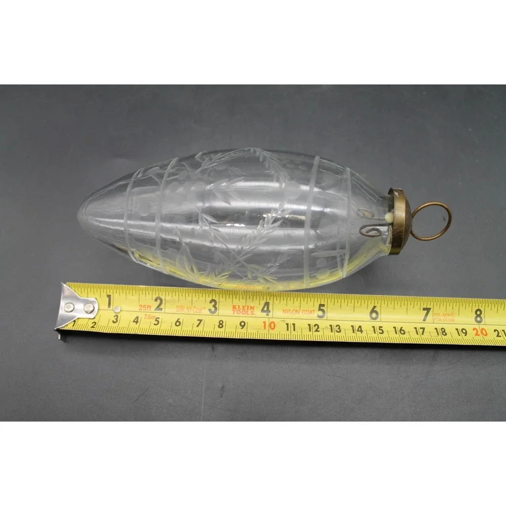 Vintage Etched Clear Glass Christmas Teardrop Ornament Brass Cap 7.5 Inch